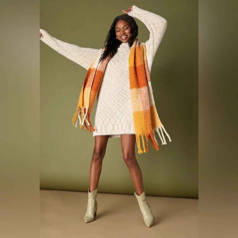 Lulu’s Sweet Whispers Ivory Multicolor Eyelash Knit Turtleneck Sweater Dress - Picture 2 of 6